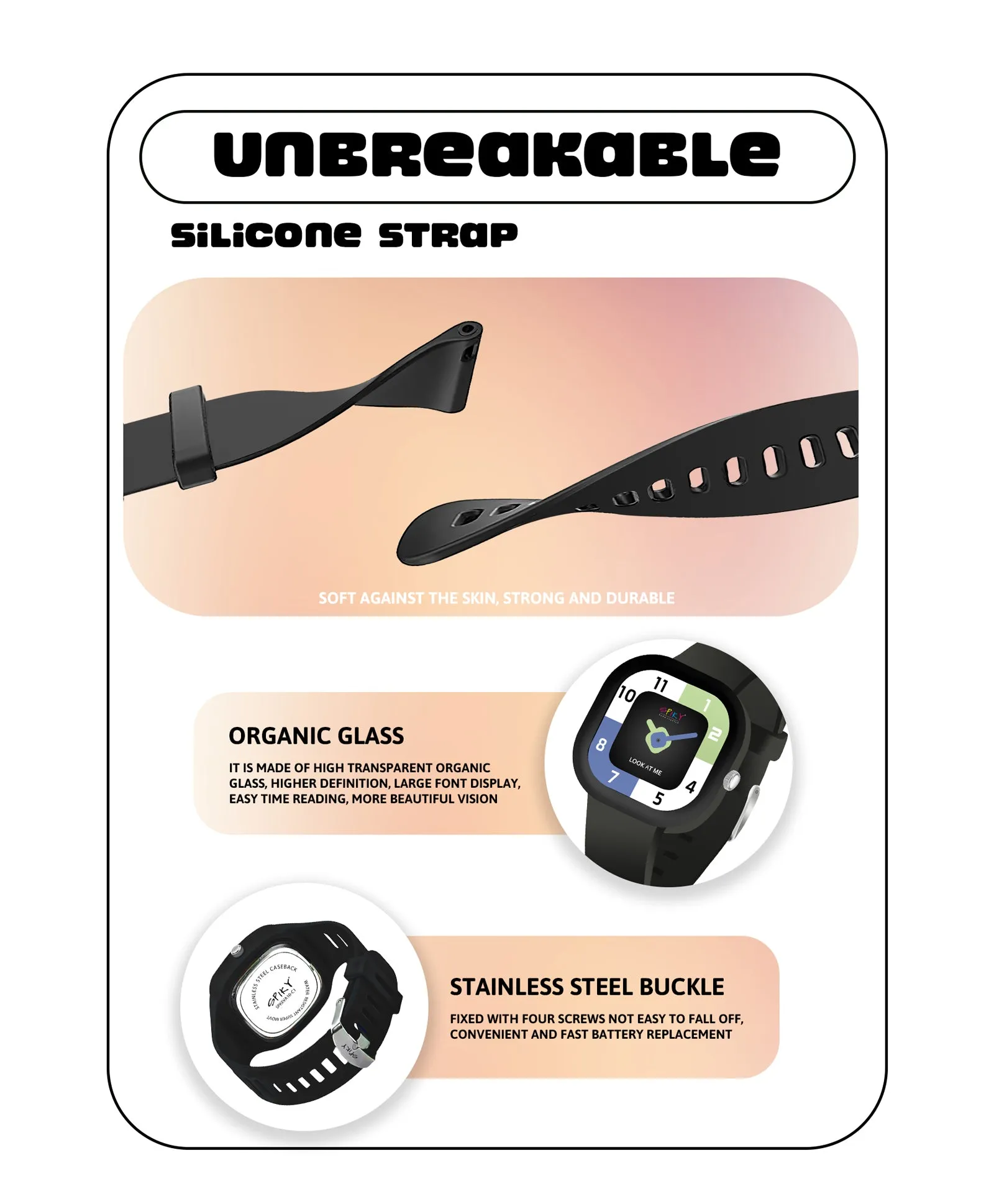 Spiky Square Analog Watch for Kids - Black