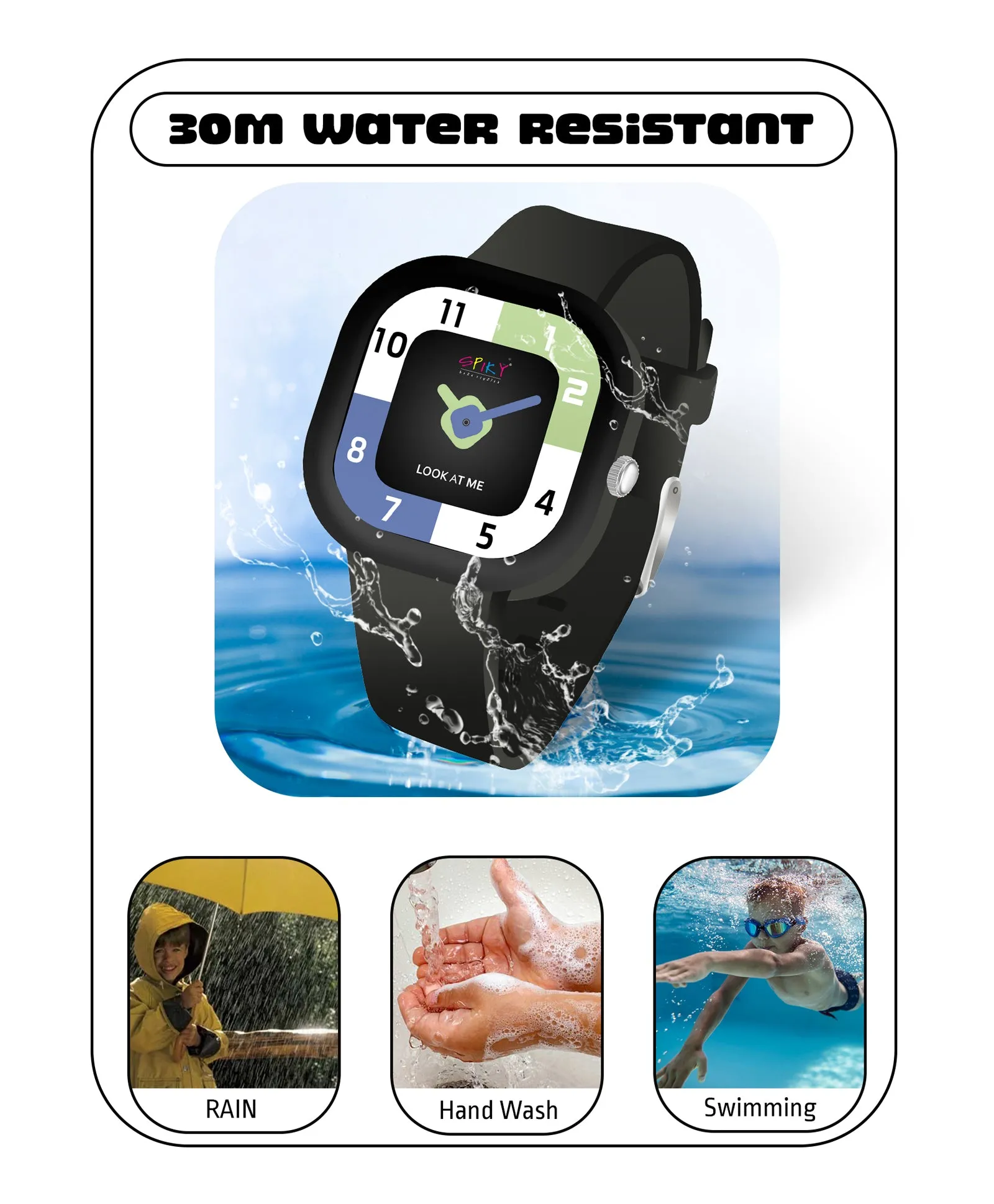 Spiky Square Analog Watch for Kids - Black