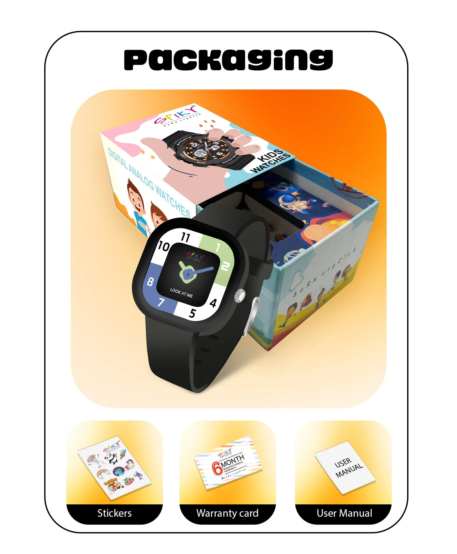 Spiky Square Analog Watch for Kids - Black