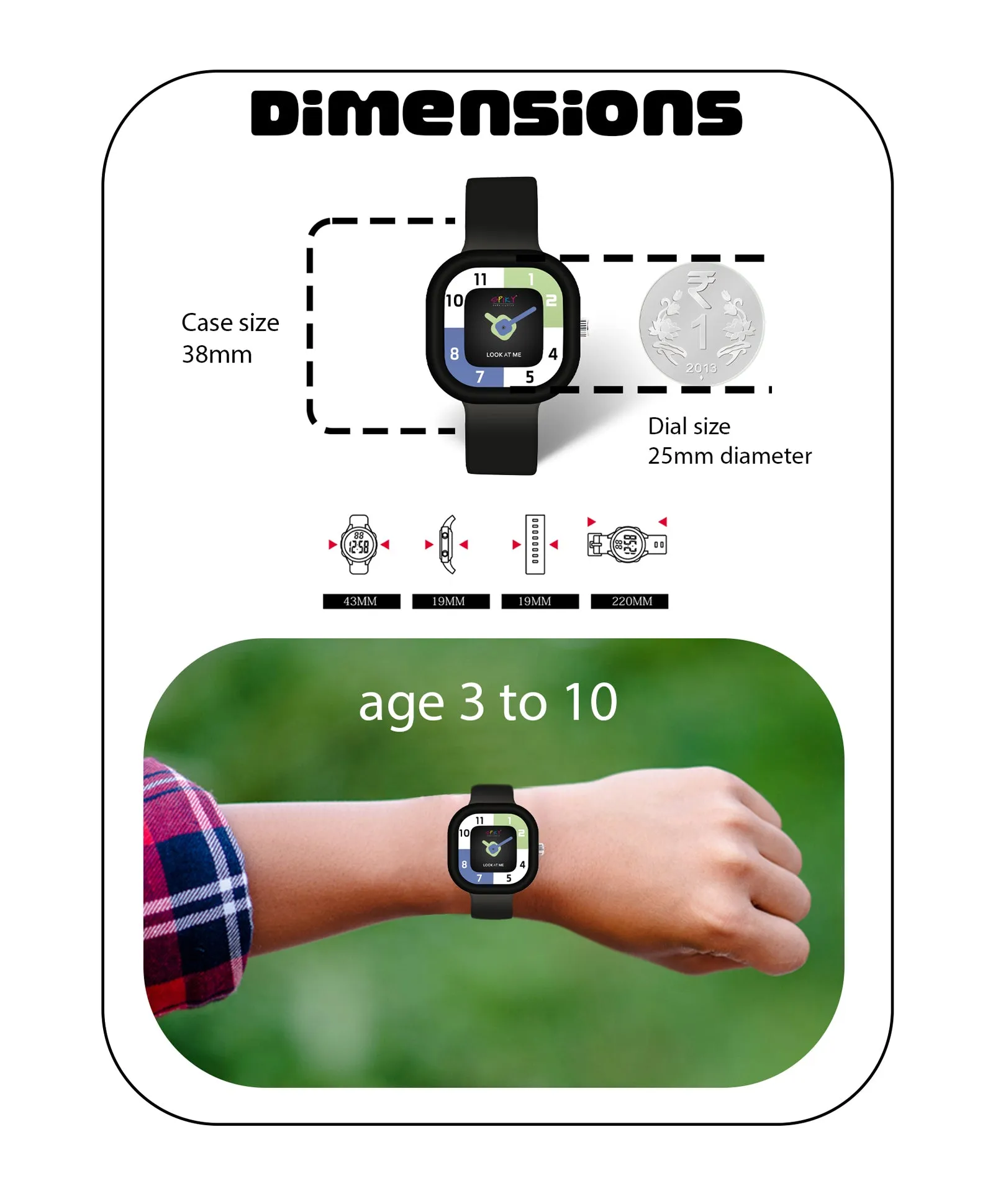 Spiky Square Analog Watch for Kids - Black