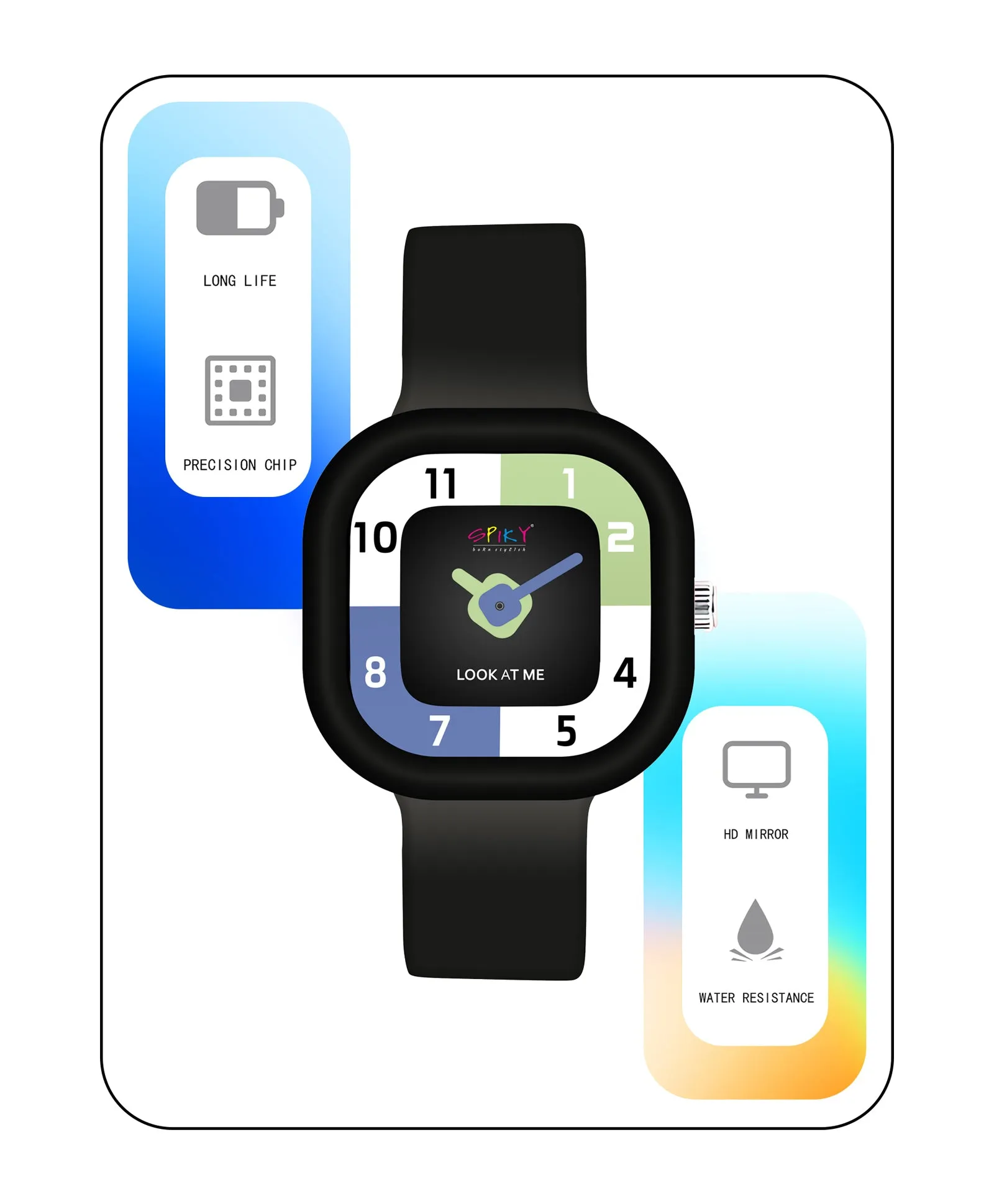 Spiky Square Analog Watch for Kids - Black