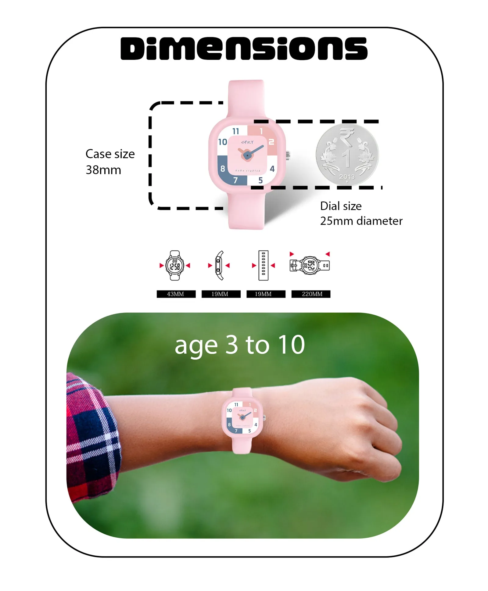 Spiky Square Analog Watch for Kids - Black