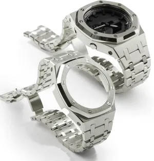 Stainless Steel Watch Bezel and Metal Band with Rubber Strap - Compatible with GA-2100/GA-2110/GA-B2100