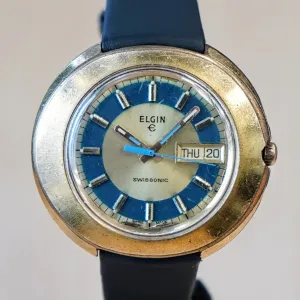 Vintage ELGIN SWISSSONIC Watch Day/Date Blue & Gold-Tone Dial - RARE!  Fancy Oval Case