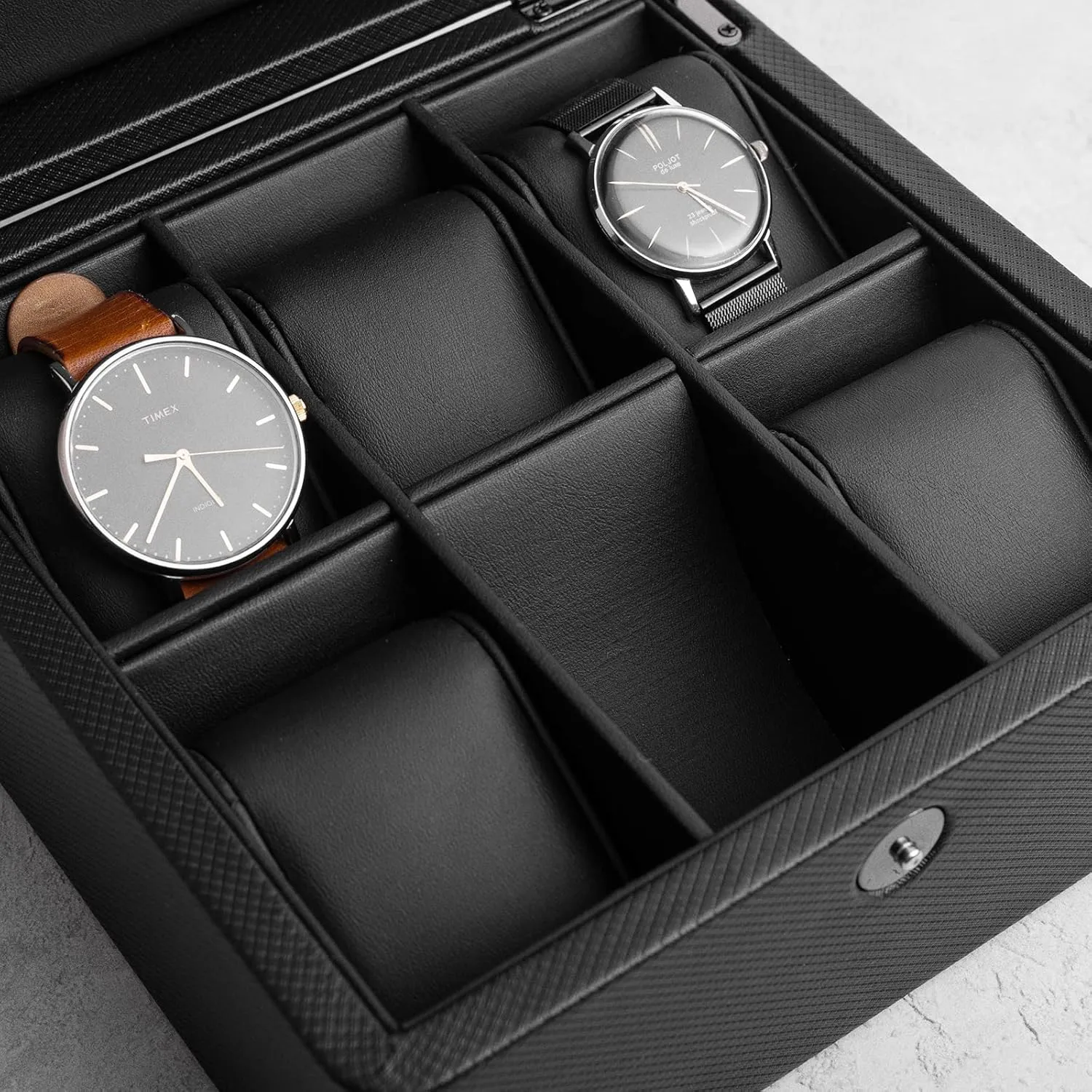 Vlando Fathers Day Gift, Watch Box Organize for Men, 6 Slots Watch Case with Textured Leather, Watch Holder with Soft Pillow, Gift for Fathers, Husband, Friend, Black