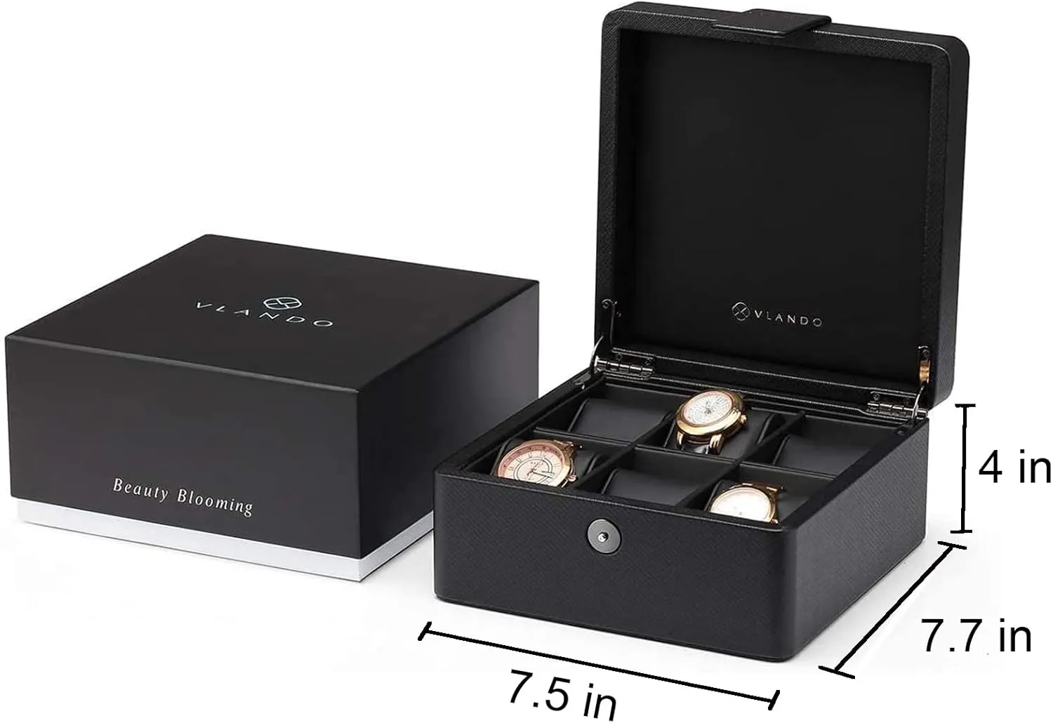 Vlando Fathers Day Gift, Watch Box Organize for Men, 6 Slots Watch Case with Textured Leather, Watch Holder with Soft Pillow, Gift for Fathers, Husband, Friend, Black