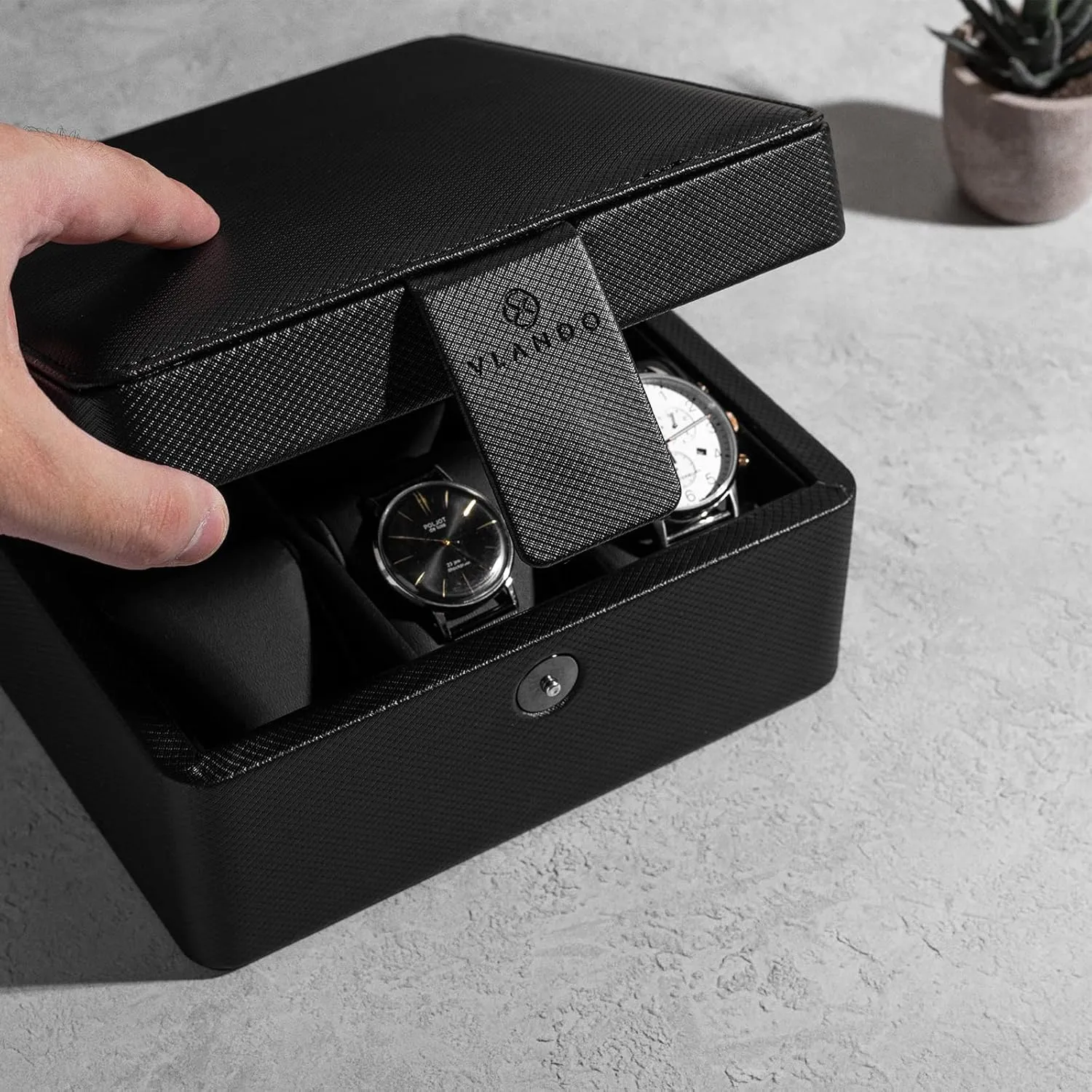 Vlando Fathers Day Gift, Watch Box Organize for Men, 6 Slots Watch Case with Textured Leather, Watch Holder with Soft Pillow, Gift for Fathers, Husband, Friend, Black