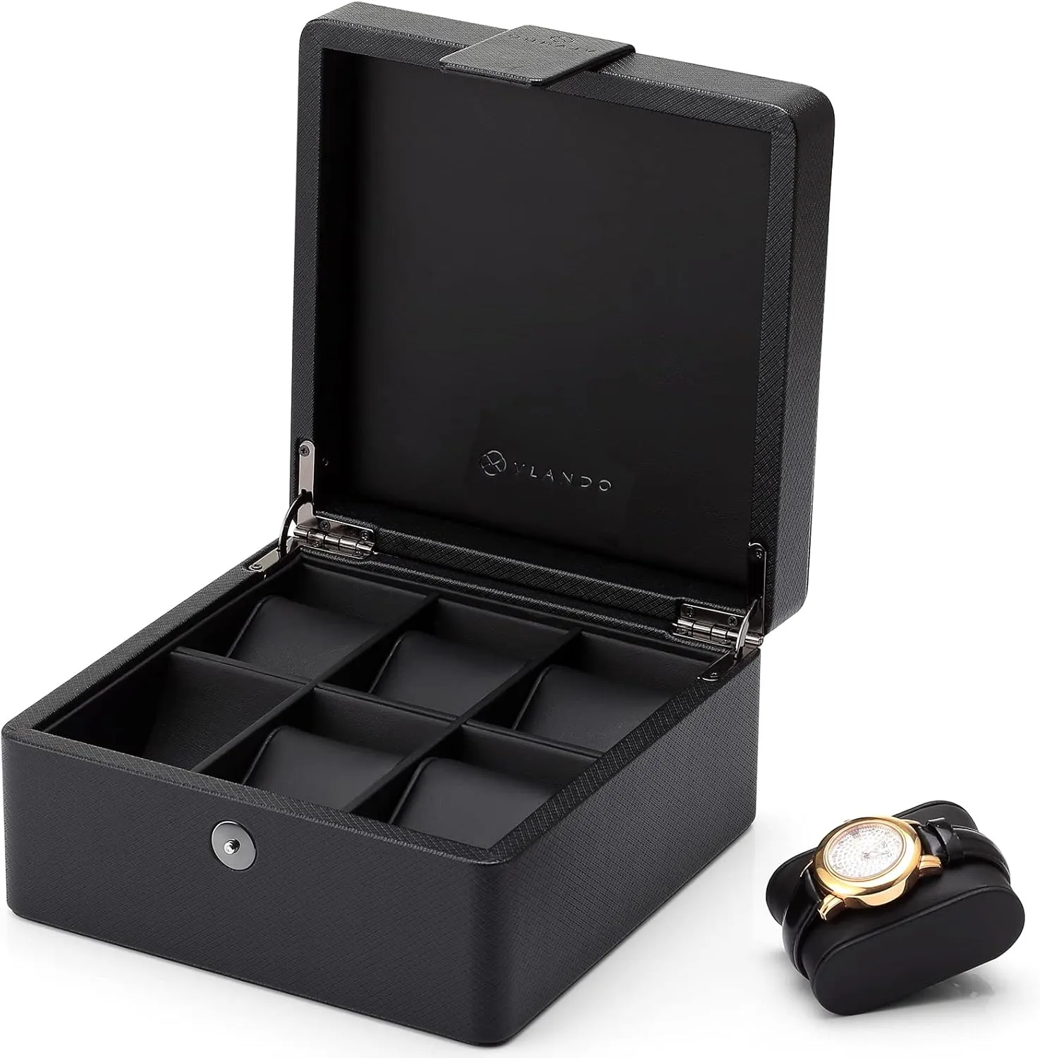 Vlando Fathers Day Gift, Watch Box Organize for Men, 6 Slots Watch Case with Textured Leather, Watch Holder with Soft Pillow, Gift for Fathers, Husband, Friend, Black