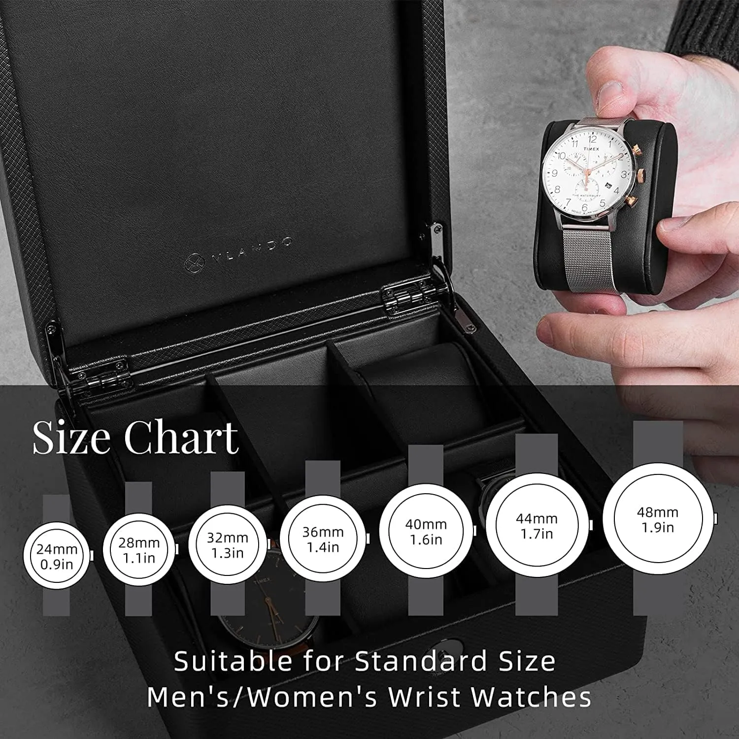 Vlando Fathers Day Gift, Watch Box Organize for Men, 6 Slots Watch Case with Textured Leather, Watch Holder with Soft Pillow, Gift for Fathers, Husband, Friend, Black
